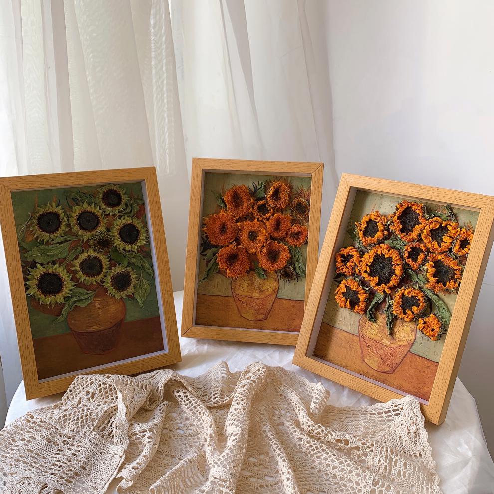 夏豹干花相框梵高向日葵天然真花复古创意挂墙装饰画家居摆件送人礼物