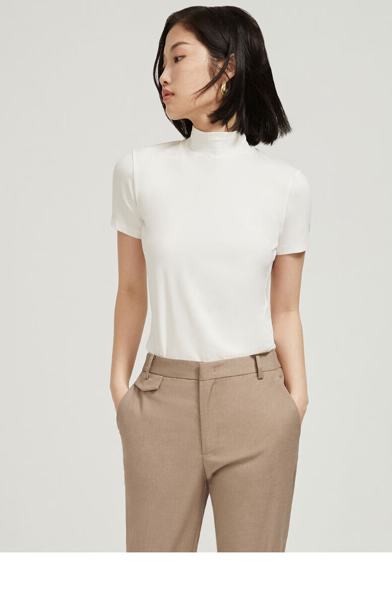 商场同款naivee纳薇2021夏季新款简约高领短袖白色t恤打底上衣女 纯白