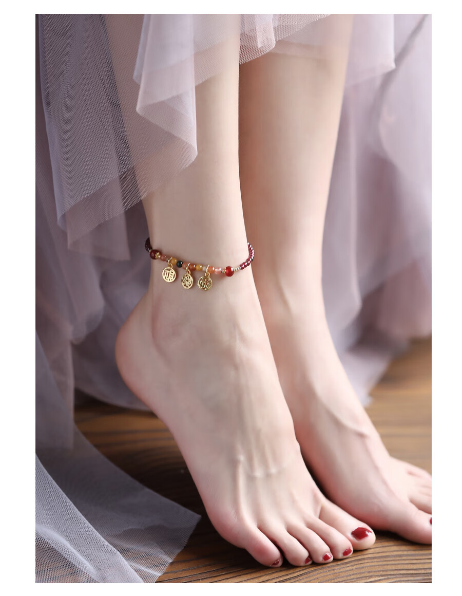 凤凰涅磐石榴石脚链女生脚环古风足链手工编织红色脚踝链复古脚绳中国