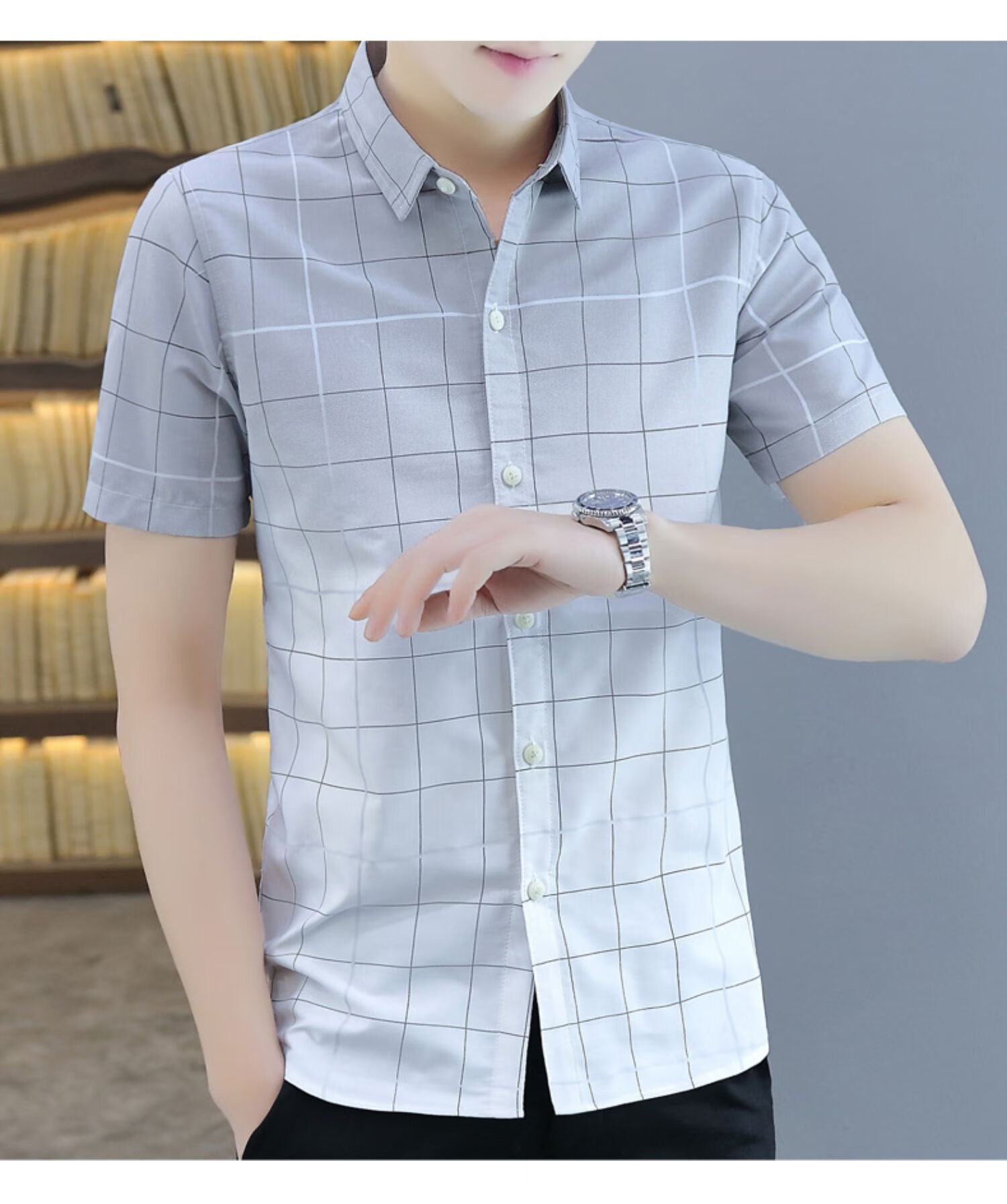 男装夏季短袖衬衫男韩版修身帅气半袖格子寸衫休闲潮流渐变色男士衬衣