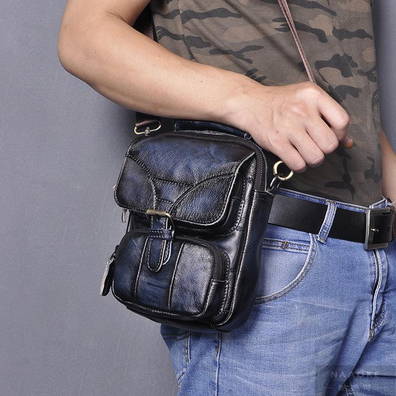 纳奥可 高档头层疯马皮牛皮 复古男士潮酷手机相机户外腿包腰包百搭