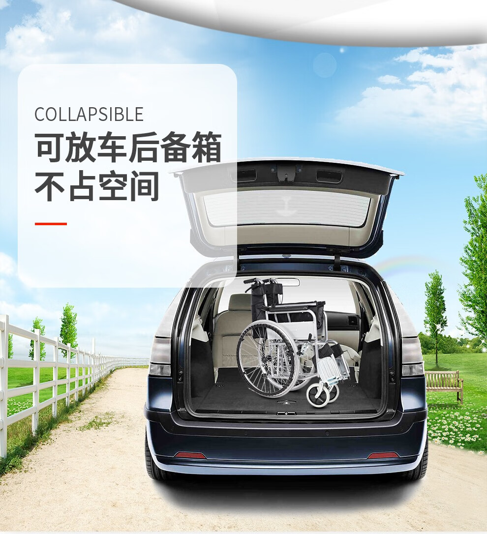 揽康钢管手动轮椅折叠轻便老人轮椅车格子牛津布软座实心轮