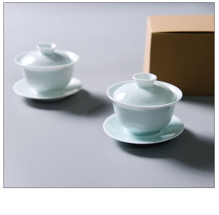 普洱茶适用盖碗景德镇影雕青瓷三才盖碗茶杯功夫茶碗单个不烫手陶瓷