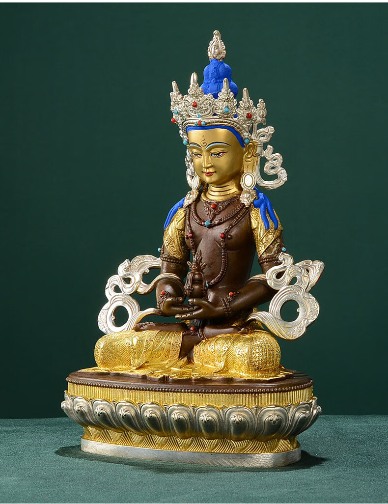 藏村长寿佛铜鎏金银雕花佛像藏传佛教密宗供奉无量寿佛玄关客厅摆件15