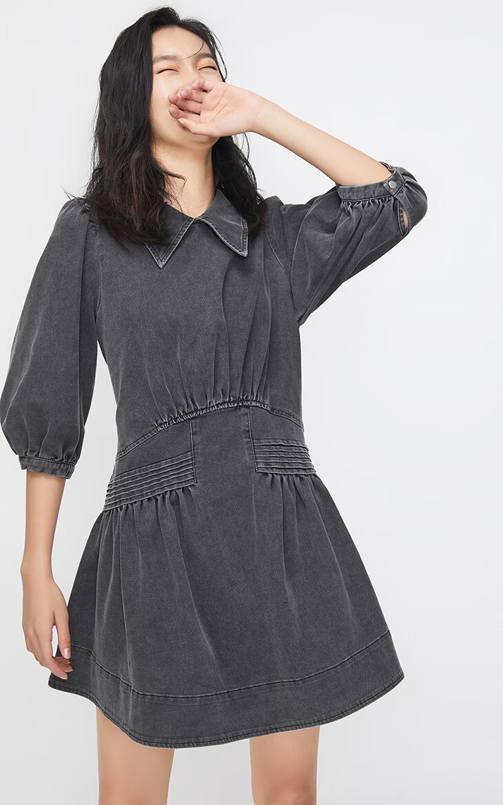 only2020夏季新款设计感a字短款牛仔连衣裙女120142524 e06烟灰色