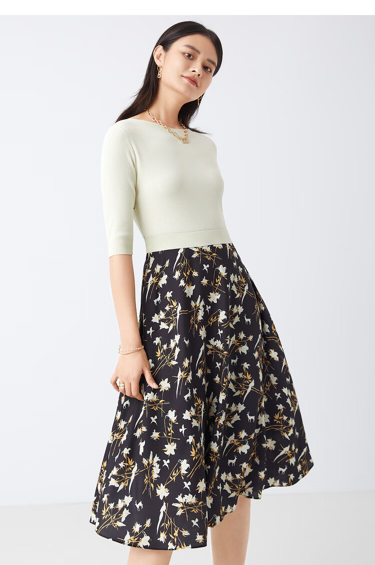 yiner音儿女装夏季新款拼接收腰印花连衣裙黄色46