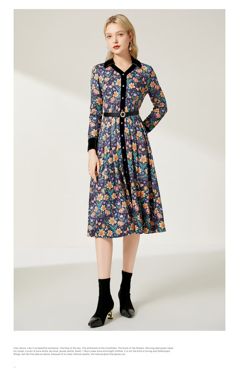 沐兰优雅印花连衣裙2021冬季新款丝绒翻领气质小a摆修身中长款灰黄花