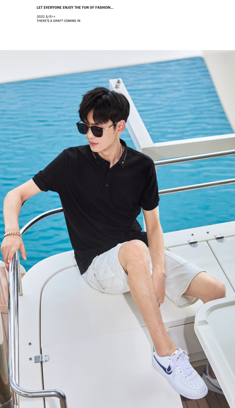 太平鸟男装 2021夏季新款商务休闲短袖polo衫男士纯棉时尚翻领 黑色