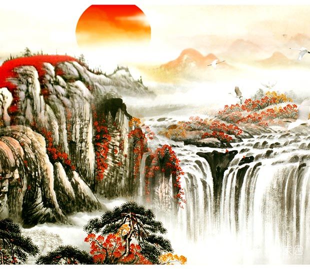 山水画风水靠山客厅招财装饰画鸿运当头国画旭日东升山水画聚宝盆