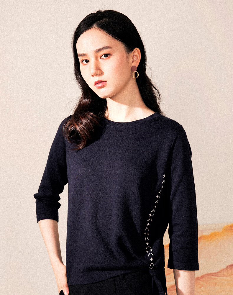 易菲黑色毛针织衫女侧边绑带显瘦百搭t恤上衣潮2021春装新款1902m216