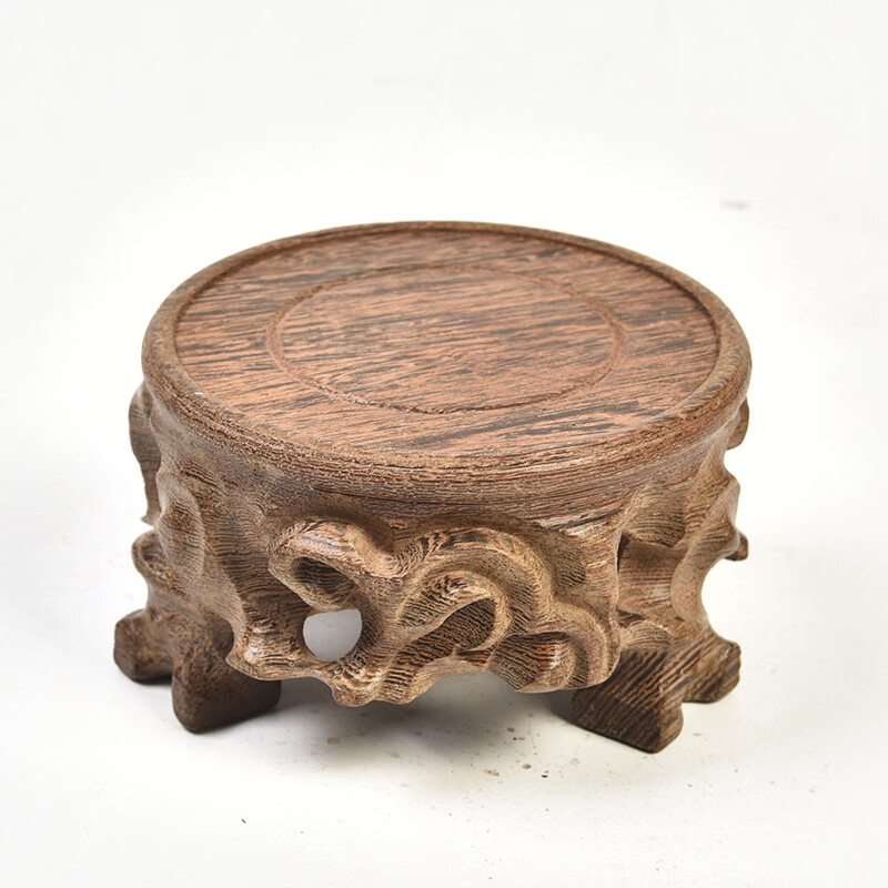 琴书侣鸡翅木雕三足圆形底座红木工艺品摆件奇石根雕花瓶石头木托鸡翅