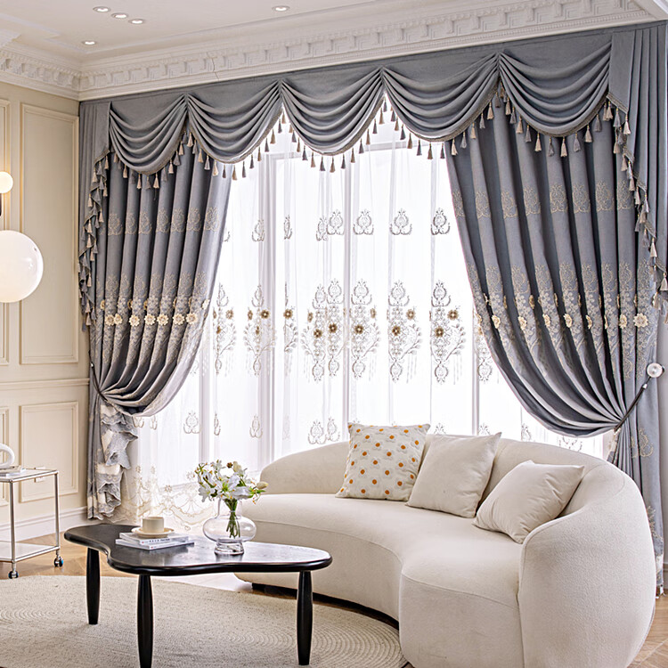 诺福佳现代欧式高档新款浮雕绣花窗帘纱双层成品客厅卧室遮光布阳台