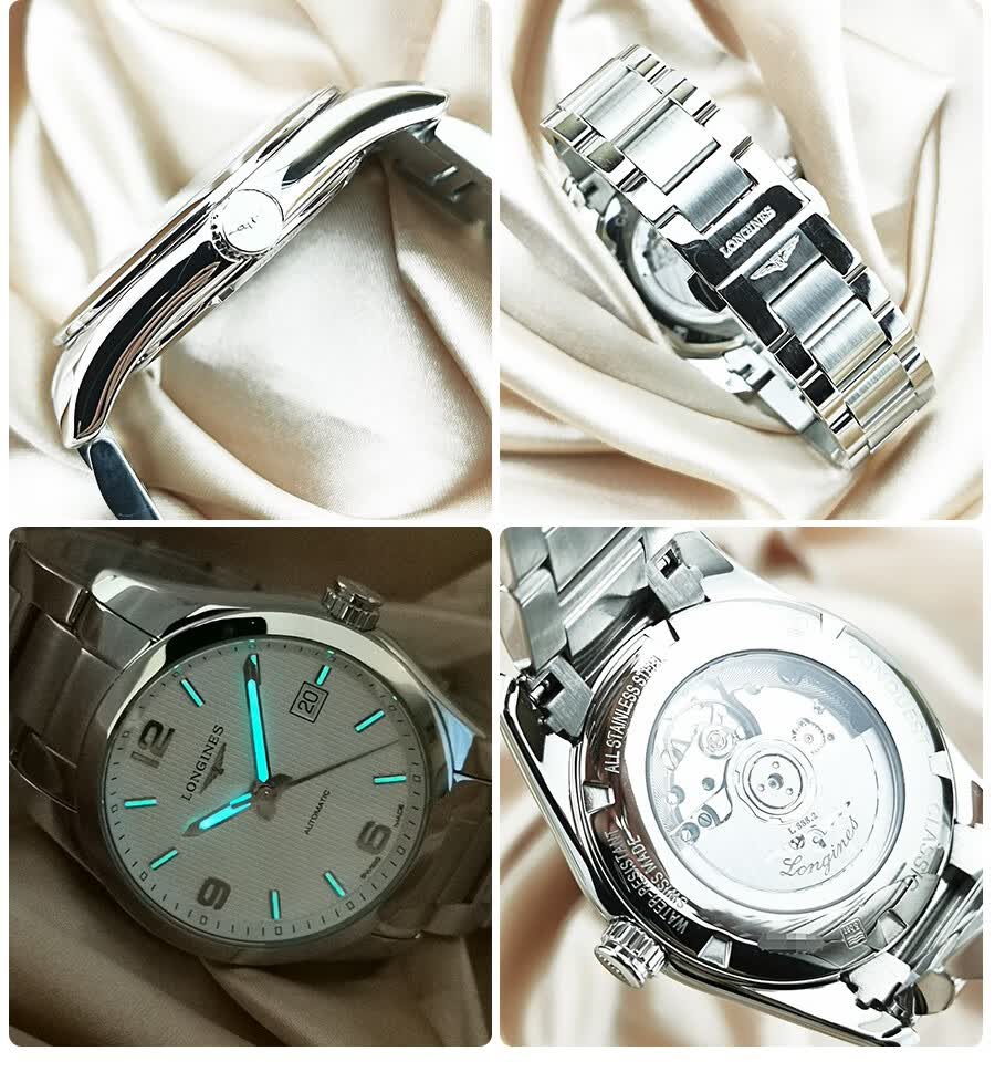 二手95新浪琴康铂男士自动机械黑盘计时日期夜光背透男表二手腕表机械