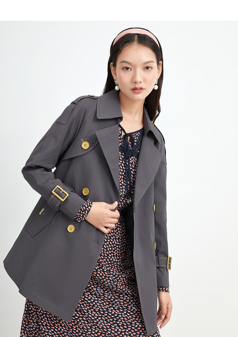 juzui/玖姿2021春新款卡其色通勤中长垂感外套女风衣腰带款 中灰 xl