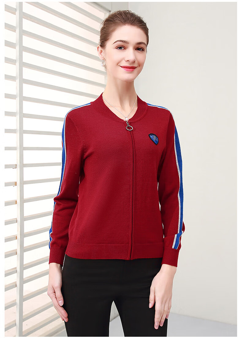 米兰登2021春装中老年女装妈妈装长袖圆领拉链针织衫1m1w2101 黑色 l