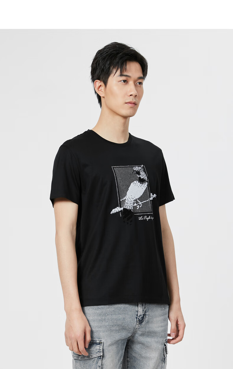 利郎时尚短袖t恤男烫钻刺绣2021夏季新款莱赛尔圆领t恤 黑色(20xtx