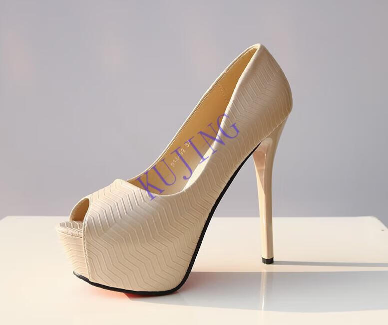 kujing高端品牌波浪纹 红底超高跟鱼嘴鞋女单 杏色夜店恨天高防水台细