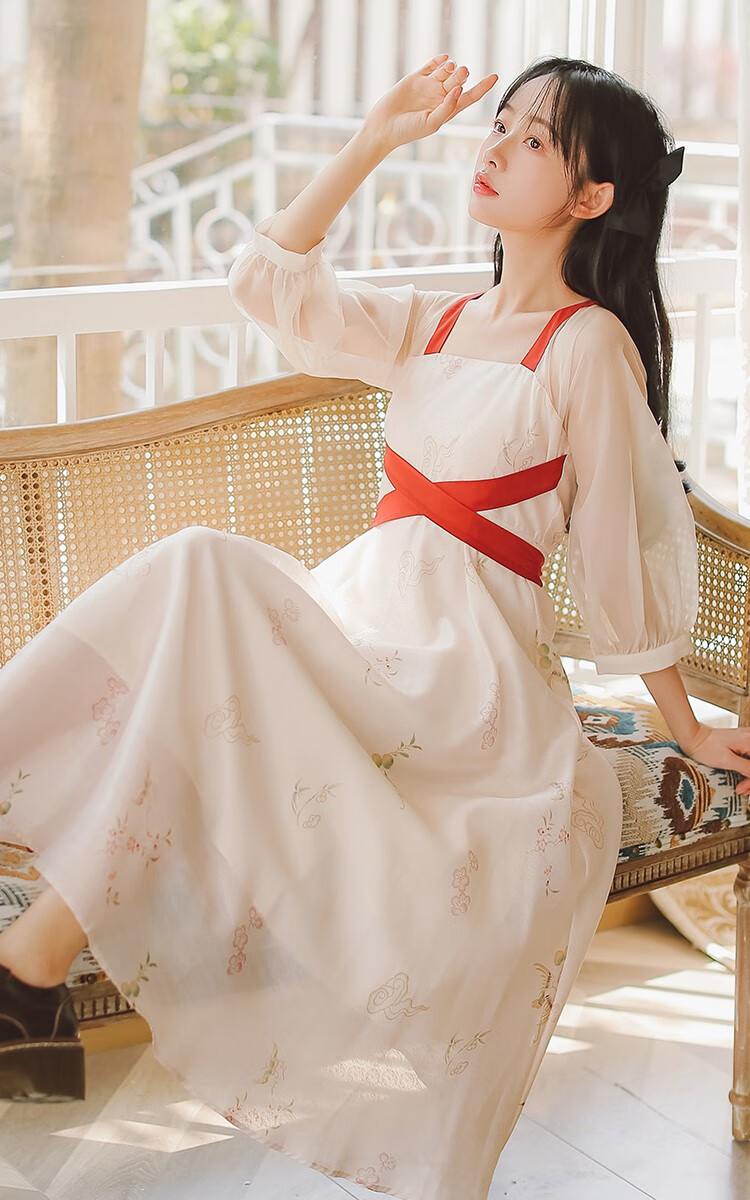 古装汉服小个子夏季薄款女平时可穿齐腰广袖流仙裙仙雪纺连衣裙 杏色s