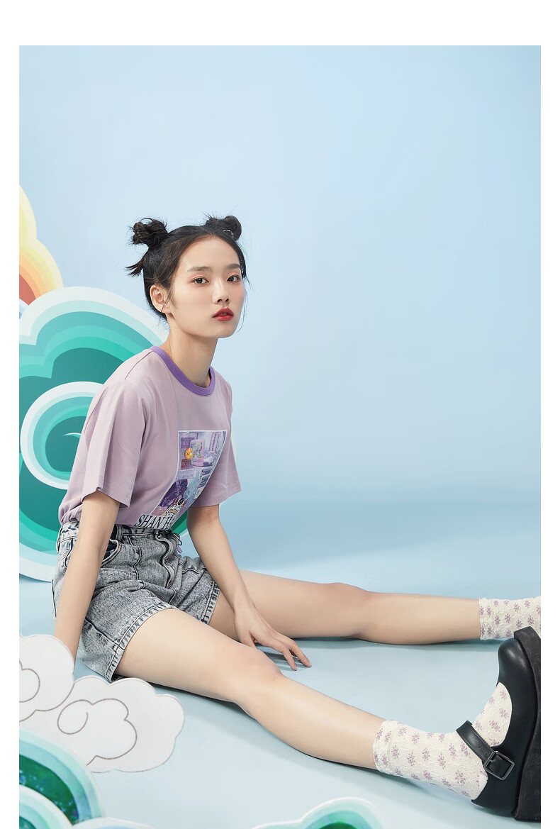 游戏山海经 紫涵2021年夏装新款女冰氧吧撞色领口胶印图案短袖t恤