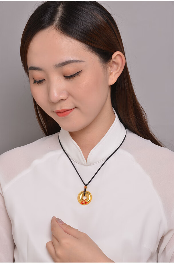妙灵阁古法金平安扣挂绳女款高档项链黄金锤纹吊坠精致999足金坠子