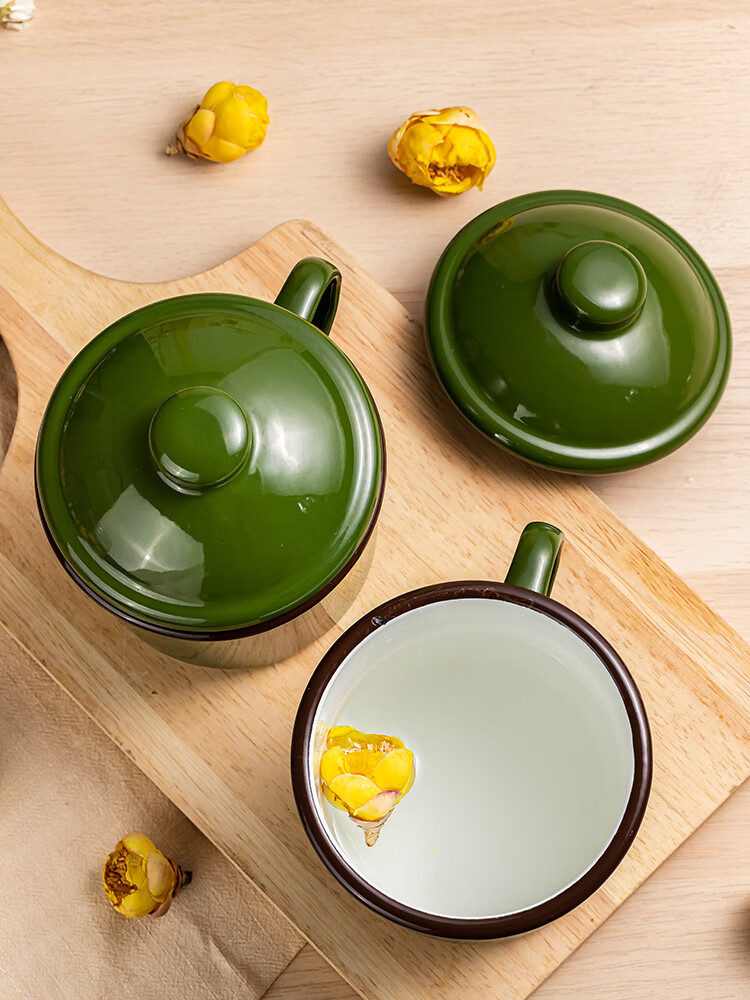 为人民服务军绿色老式怀旧茶缸子中国风铁搪瓷喝水杯带盖复古瓷缸柏