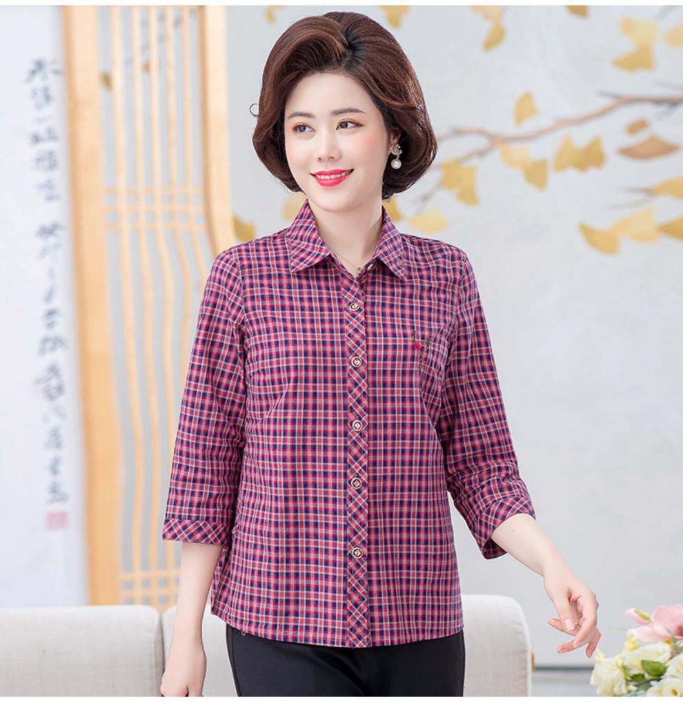 秋依中老年夏装七分袖衬衫女妈妈中袖纯棉格子上衣老人奶奶装全棉衬衣