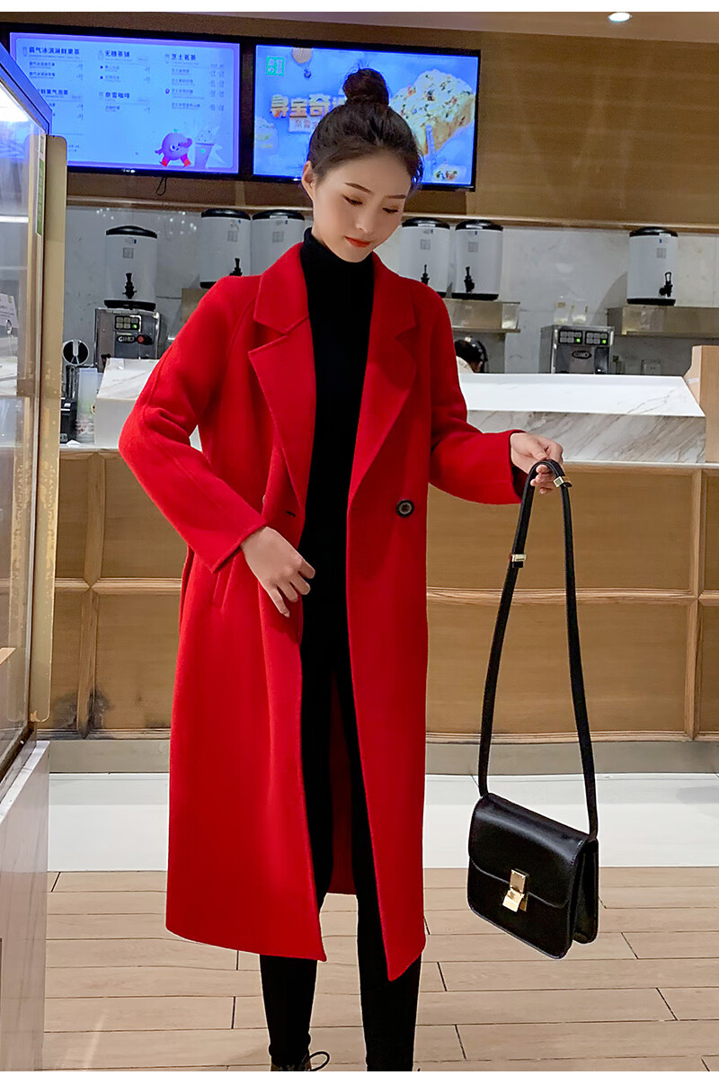 大红色双面羊绒大衣女中长款2020年新款秋冬韩版高端呢子毛呢外套
