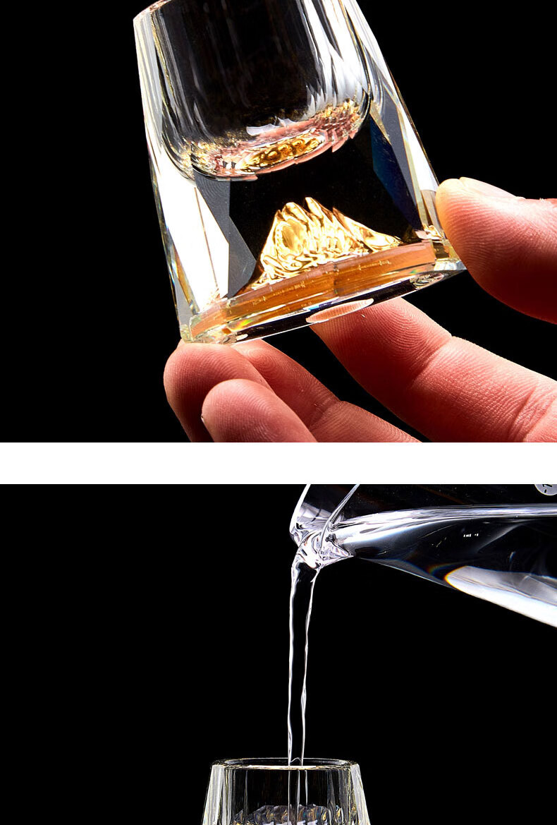 钻石金山白酒杯创意家用高档金箔白酒杯三钱一口杯烈酒杯子小酒杯钻石