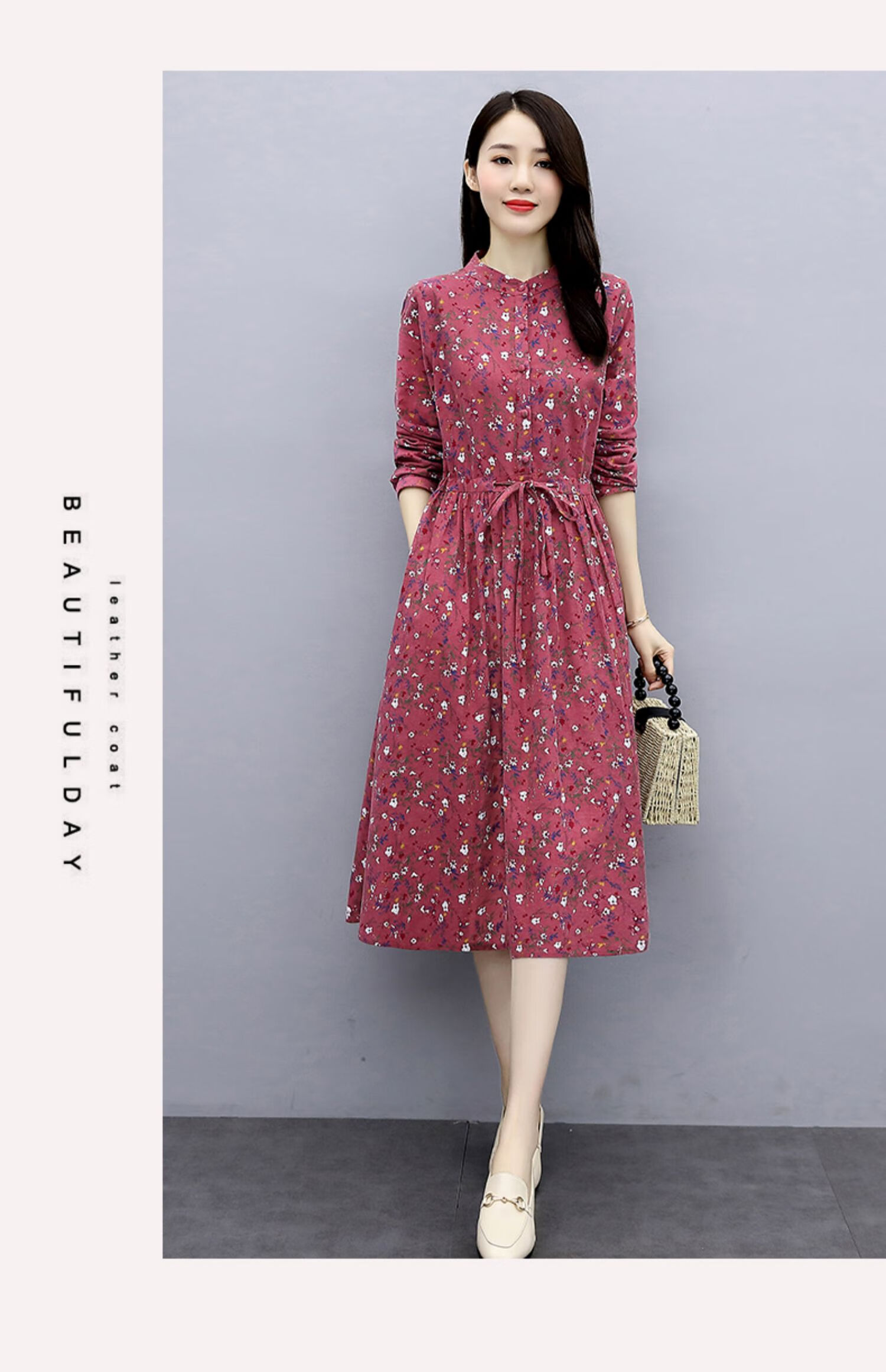 中长款棉麻碎花连衣裙2021春秋新款收腰气质显瘦洋气长袖亚麻裙子 玫