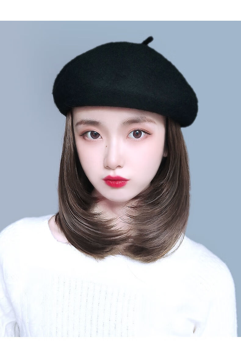 假发帽子一体女秋冬网红贝雷帽锁骨发韩版潮时尚百搭假发帽全头套浅