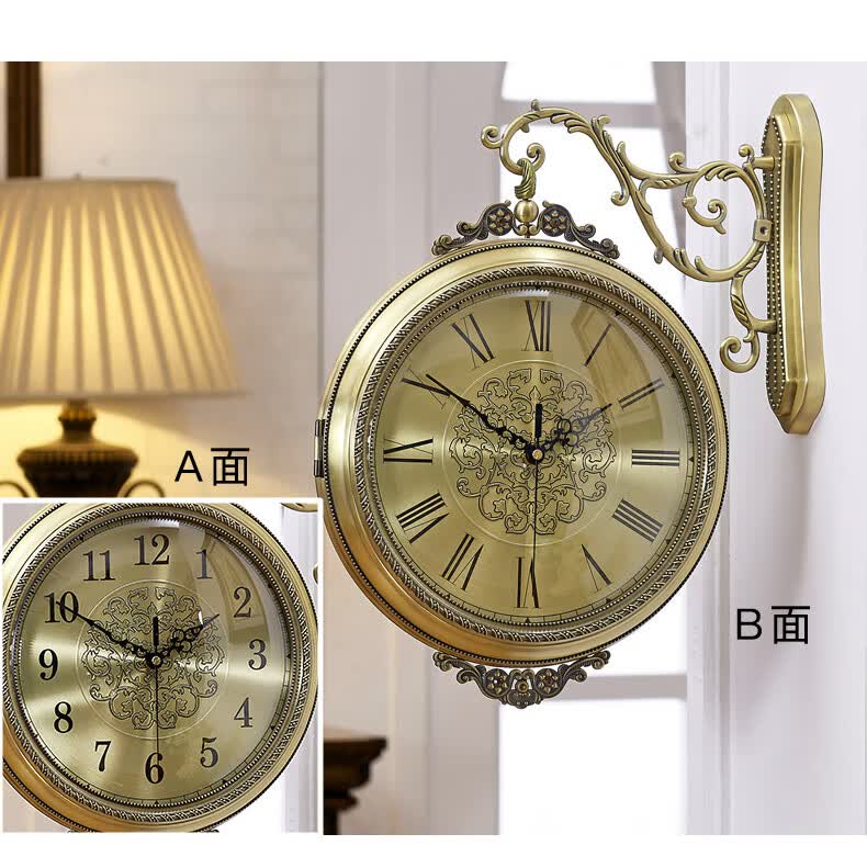 欧式双面挂钟现代轻奢客厅两面钟表美式田园餐厅挂墙石英钟家用表 全