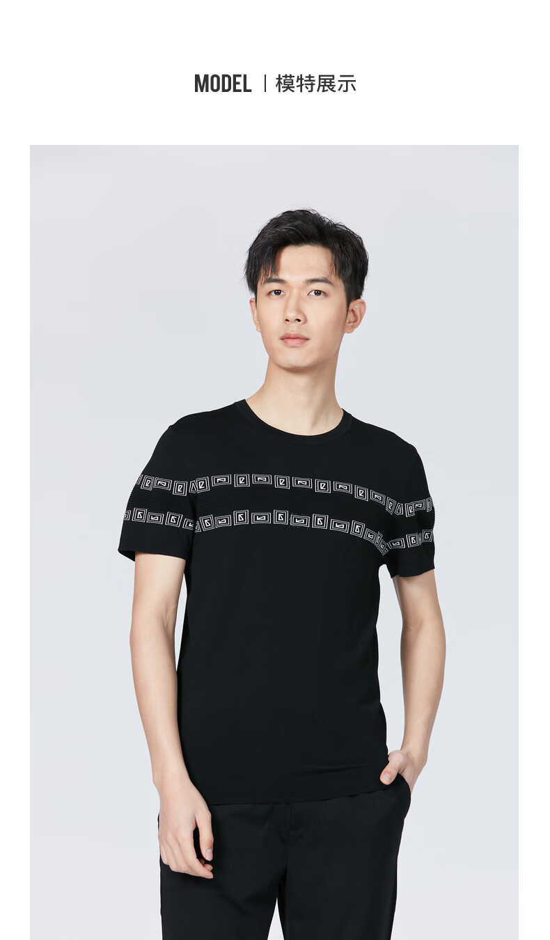 利郎男装针织t恤男短袖修身圆领2021夏季新品时尚提花男t恤 黑(20xtx