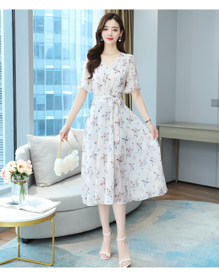 收腰显瘦女装气质雪纺碎花长裙女神范夏天裙子白底兰花l建议108120斤