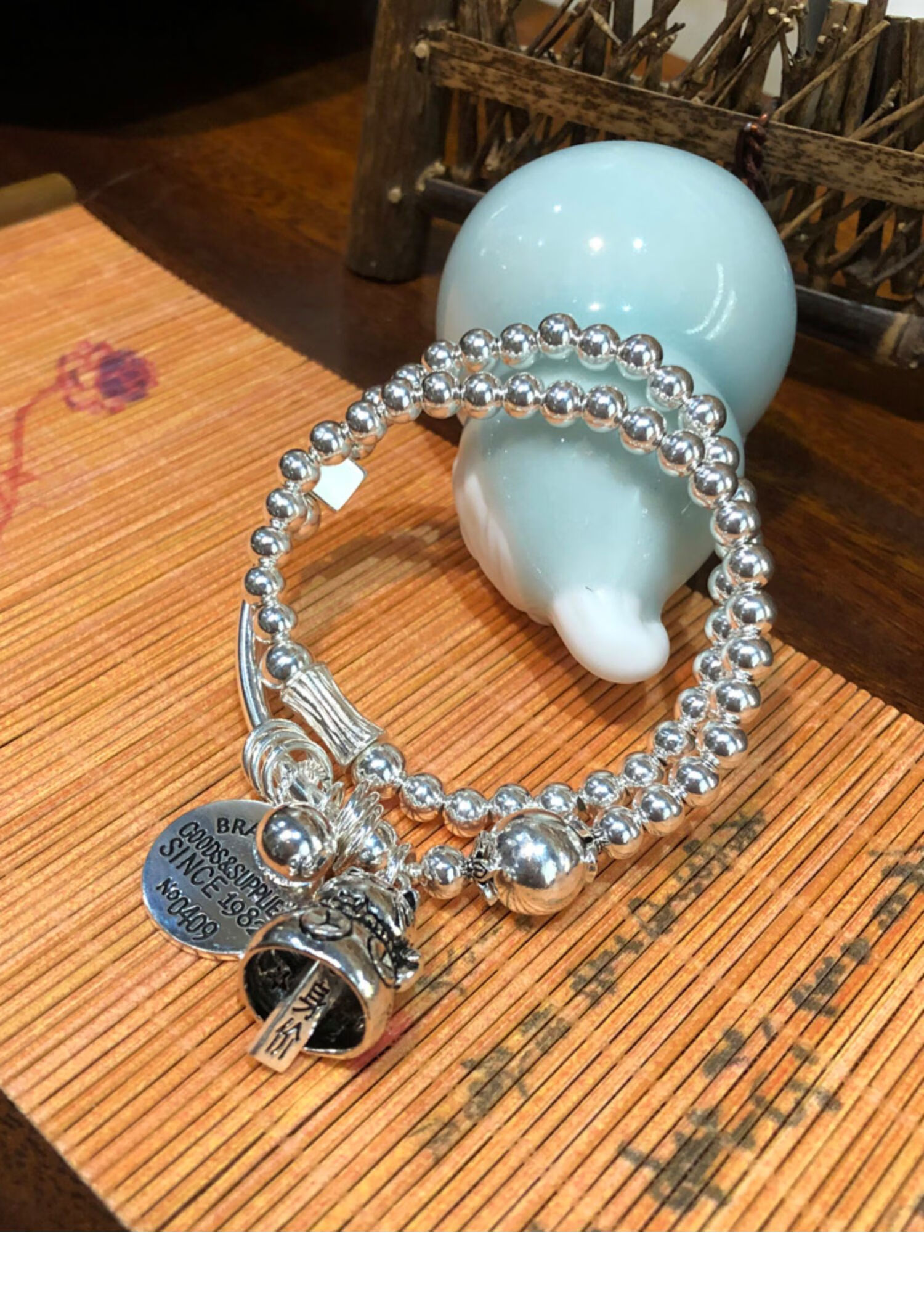 s925足银双圈手链手工制作泰银复古百搭圆牌银珠手串手链 15cm净手围