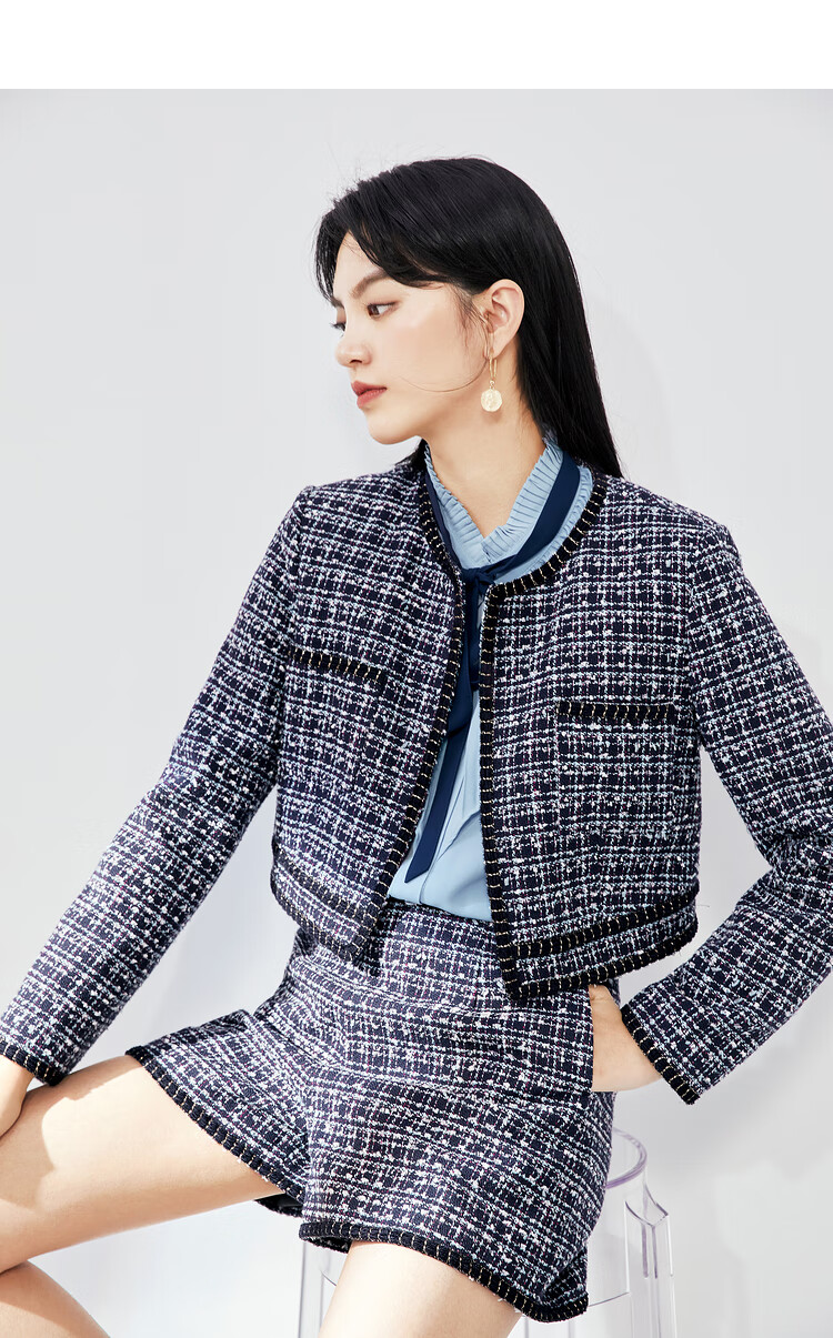 伊芙丽2021年春装新款直筒裤子女高腰显瘦a字小香风短裤女休闲裤 藏青