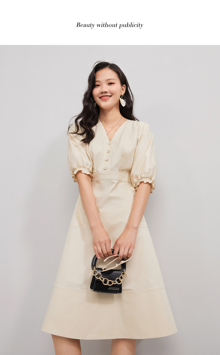 红袖连衣裙2021春夏季新款花苞袖v领收腰显瘦白色气质裙女 浅米005