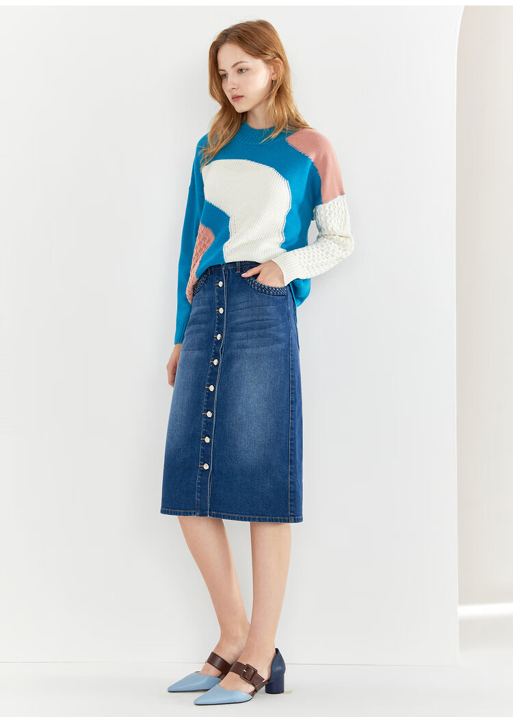 yiner音儿女装2020冬季新款时尚半高领拼色羊毛针织衫套头 蓝色 40