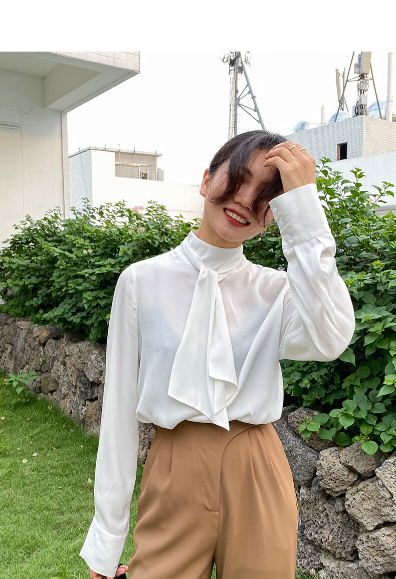 neboion 白色高领衬衣女长袖春秋领带衬衫新款宽松百搭显瘦气质减龄