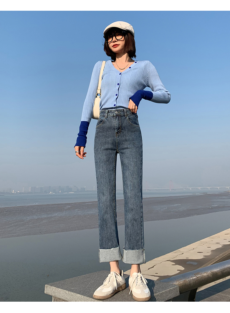2021春季新款直筒烟管裤高腰九分翻边牛仔裤弹力裤 复古蓝 30