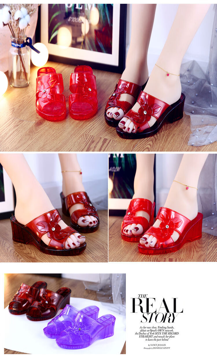 荷棠梦现货速发新款水晶胶拖鞋妈妈凉拖女士塑料平跟居家厚底防滑夏季