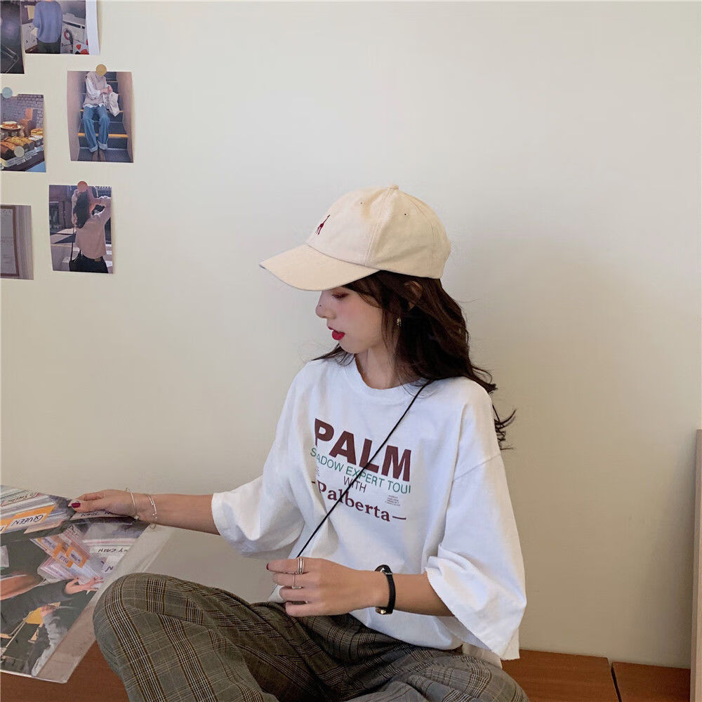 夏季新款韩版原宿懒惰风字母印花宽松学生百搭短袖t恤女潮ins 白色 s