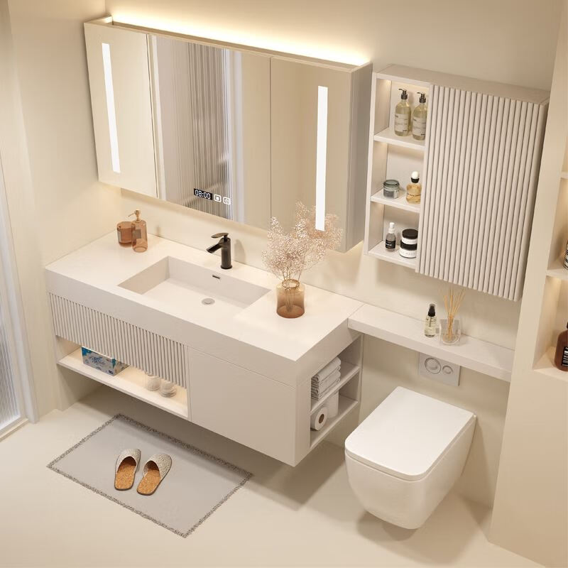 岩板浴室柜组合卫生间洗脸盆无缝一体盆陶瓷盆马桶延长边橡木定制