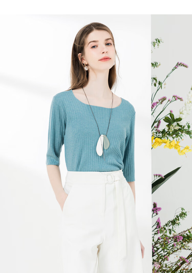 圆领针织衫女薄款佳人苑2021夏季新款五分袖中袖纯色黑色线衫上衣