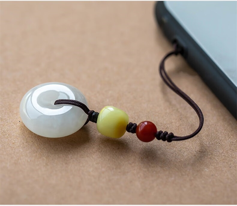 金玉兰香天然和田白玉平安扣手机链挂件原创diy男女款吊坠搭配蜜蜡