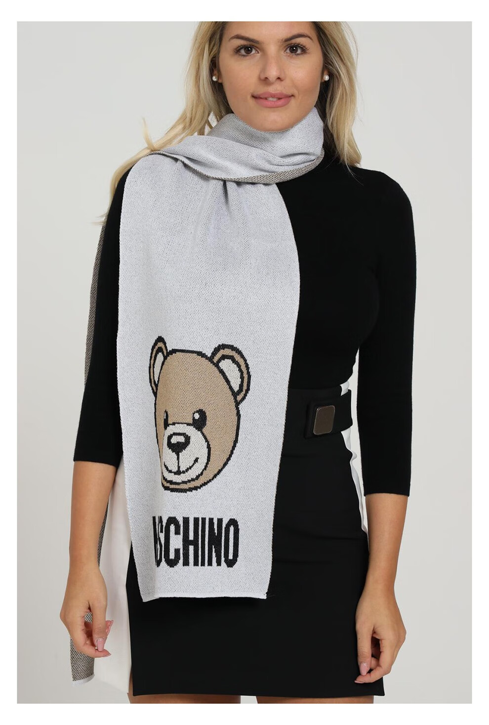 moschino莫斯奇诺男女通用混纺泰迪熊图案针织围巾灰色