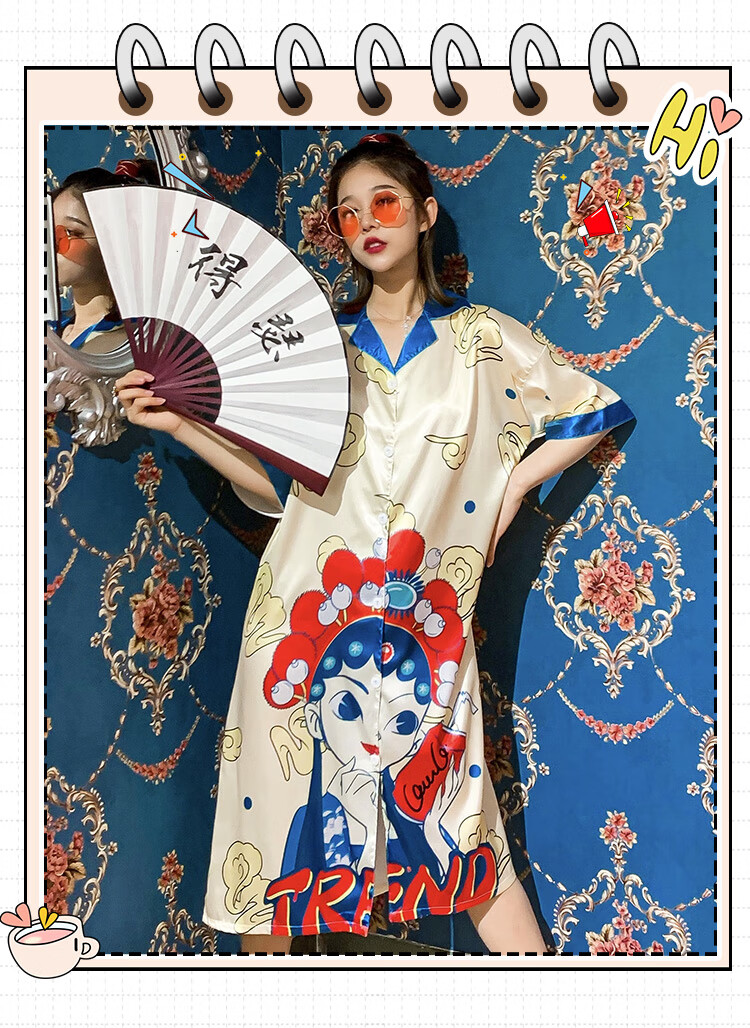猫人睡裙女夏冰丝短袖国潮复古风睡衣薄款仿真丝绸大码学生家居服中长