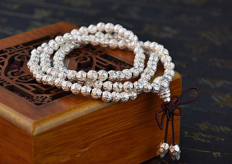 新年礼物99足银108颗佛珠手链男六字真言圆珠990纯银手链女实心手串银