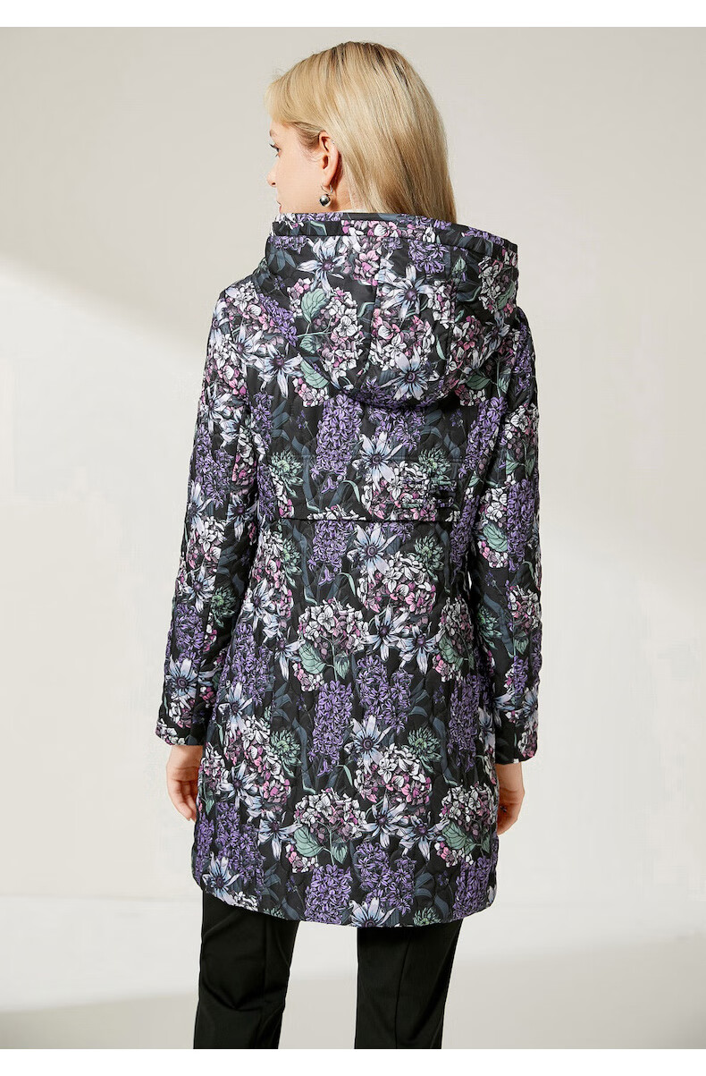 沐兰优雅印花棉衣外套2021冬季新款女士连帽撞色加厚花棉服中长款克