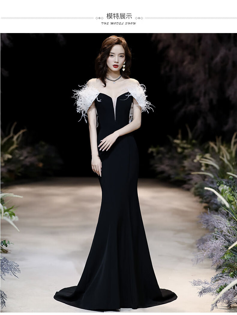 晚宴主持人聚会车模轻奢乐器表演服气质礼服2020新款一字肩性感晚礼服