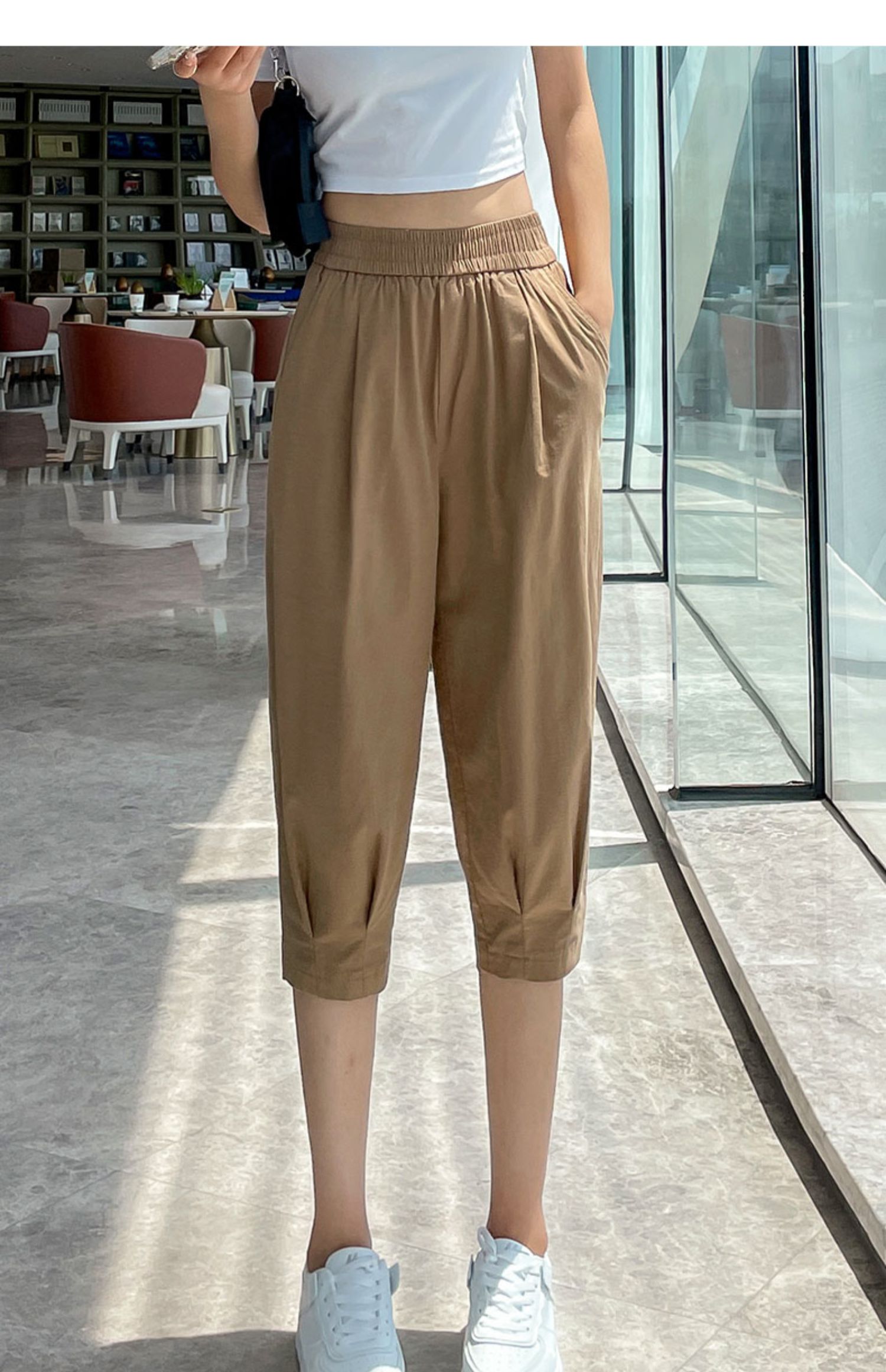 cocodizse轻奢品牌休闲裤卡其色七分裤女夏季薄款中裤冰丝凉凉气球